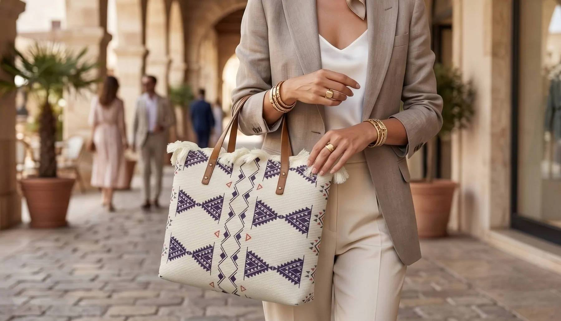 Boho-Chic Aztec Print Canvas Tote Bag with Fringe Trim, photo 2